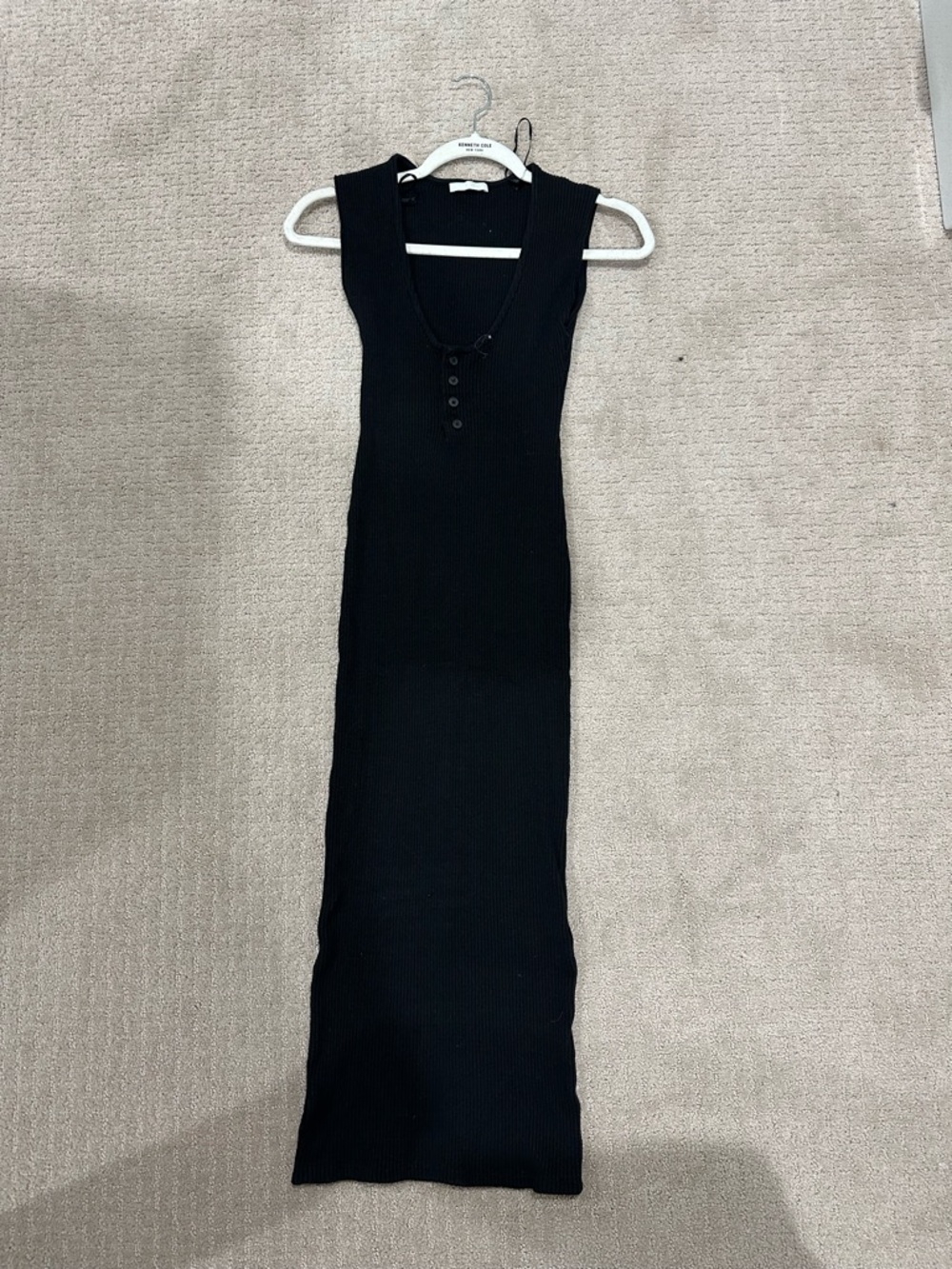Zara Black Sleeveless Ribbed Maxi Dress with Button V-Neck